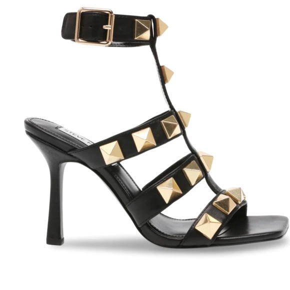 STEVE MADDEN BLACK WITH GOLD STUDS CAPRI SANDLE HEEL, SIZE 7 - Picture 9 of 10